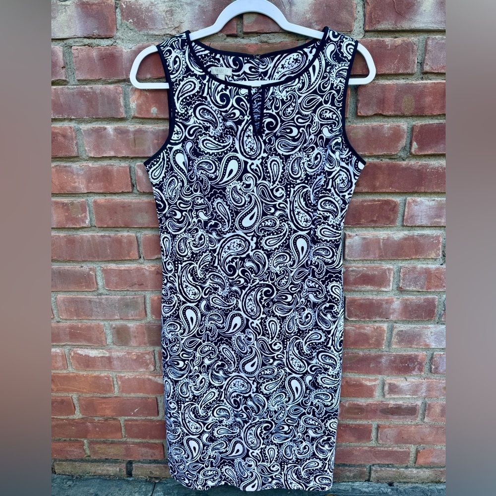 Talbots black white sheath shift dress midi 6 paisley NWOT